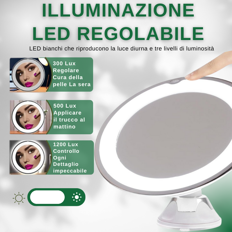 Specchio cosmetico illuminato a LED con ingrandimento 10x